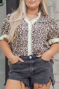 Black Plus Leopard Print Striped Color Block Trim Frilled V Neck Short Sleeve Blouse