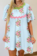 Sky Blue Floral Printed Contrast Ricrac Detail Bubble Sleeve Dress