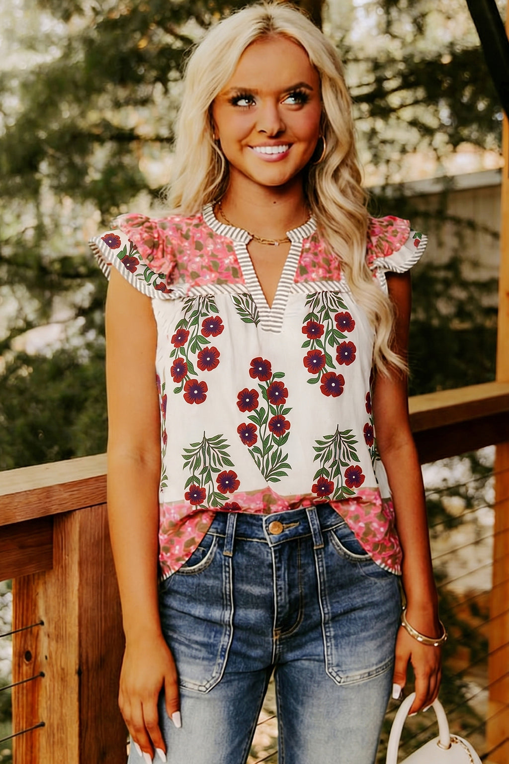 White Floral Print Contrast Striped Trim Flutter Cotton Blouse