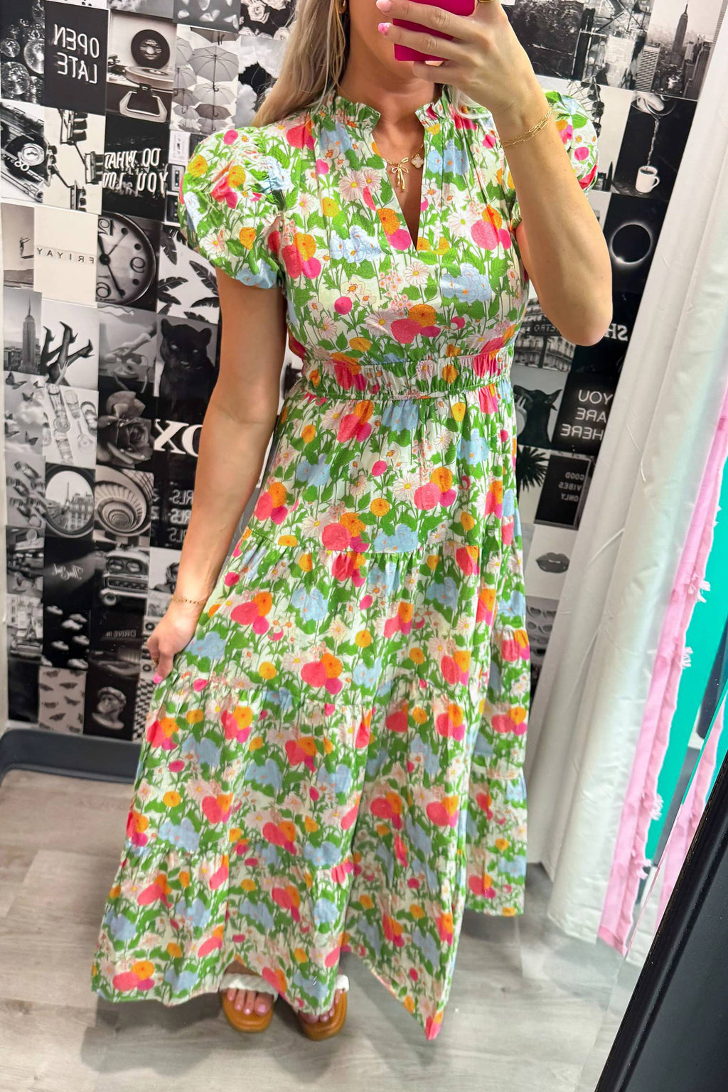 Green Floral Print V Neck Short Puff Sleeve Cotton Maxi Dress