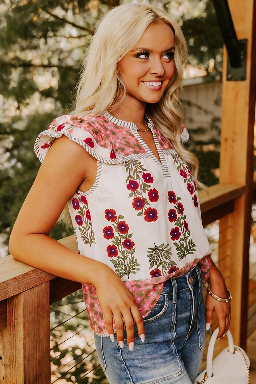 White Floral Print Contrast Striped Trim Flutter Cotton Blouse