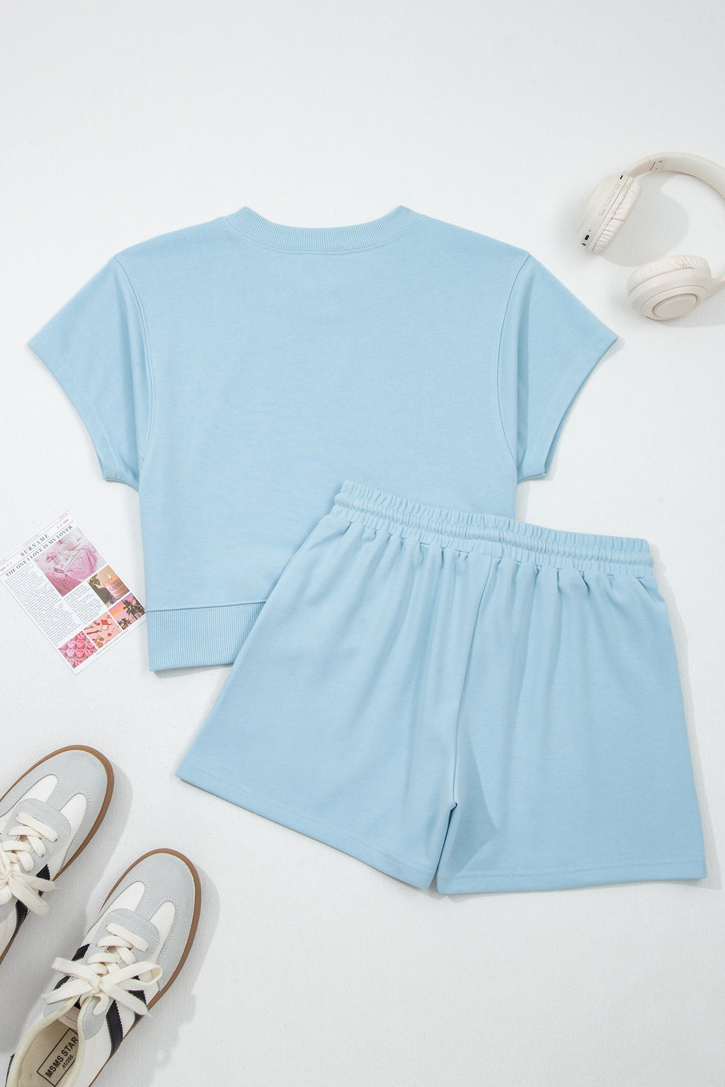 Mist Blue Solid Color Loose Tee Drawstring Shorts 2pcs Outfit