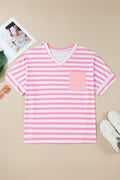 Pink Stripe Colorblock Patched Pocket V Neck Plus Size Tee