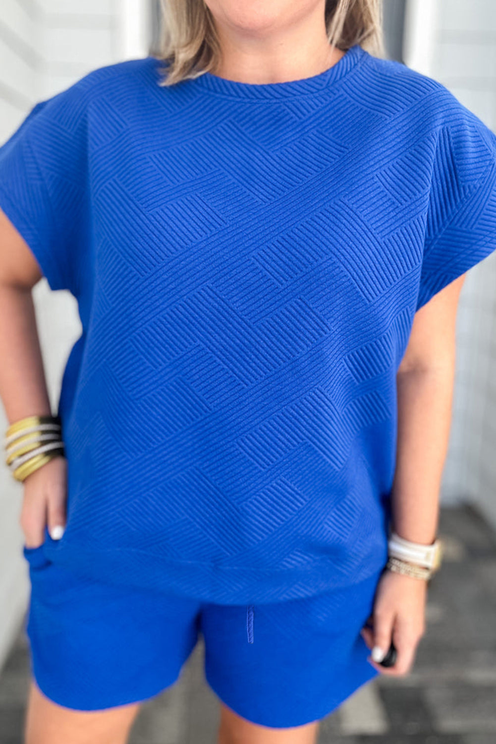 Dark Blue Plus Size Fashion Textured Short Set