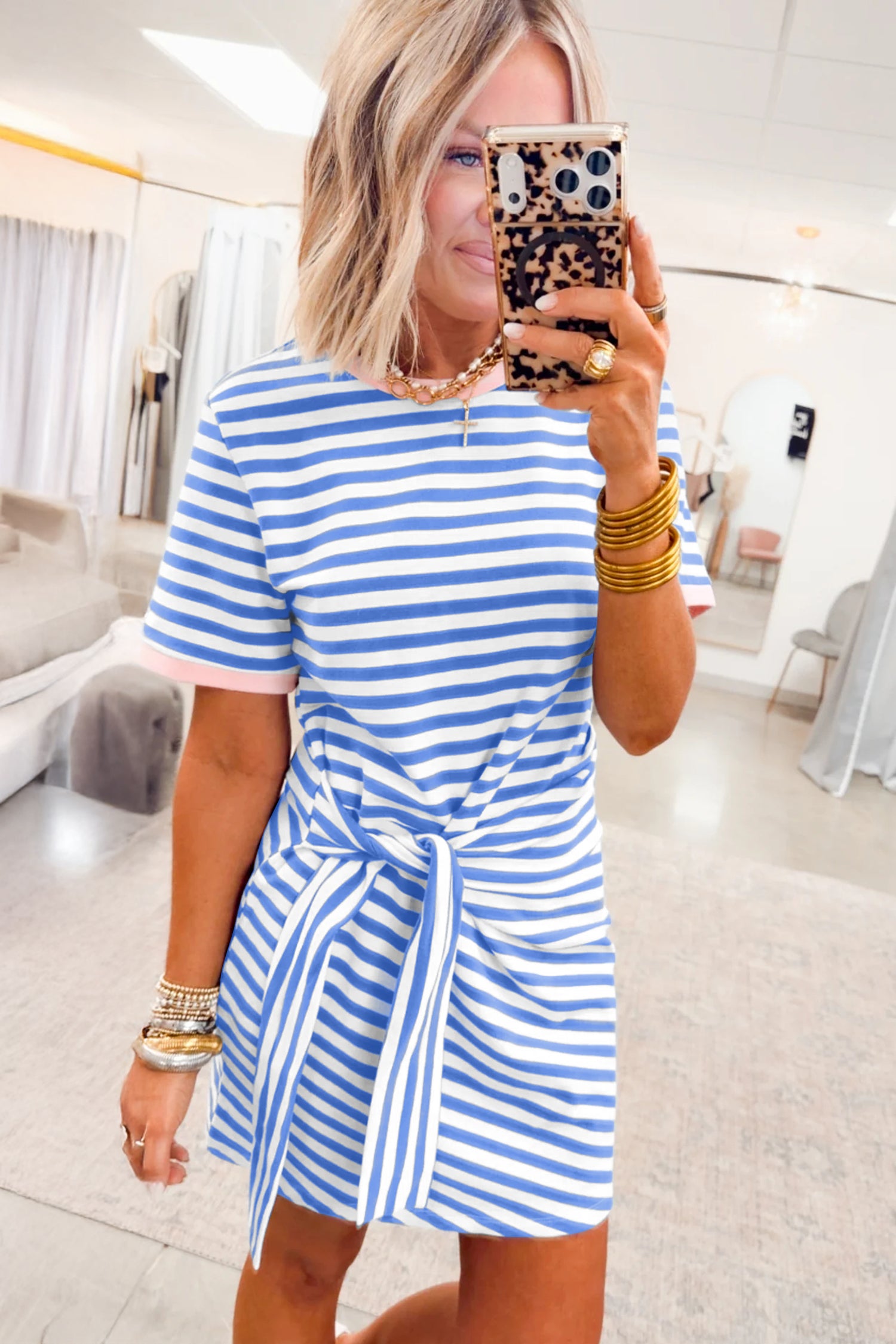 Sky Blue Stripe Nautical Tie Contrast Trim Round Neck T Shirt Mini Dress