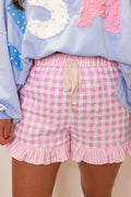 Pink Gingham Print Ruffle Striped Detail Lace Tie Shorts