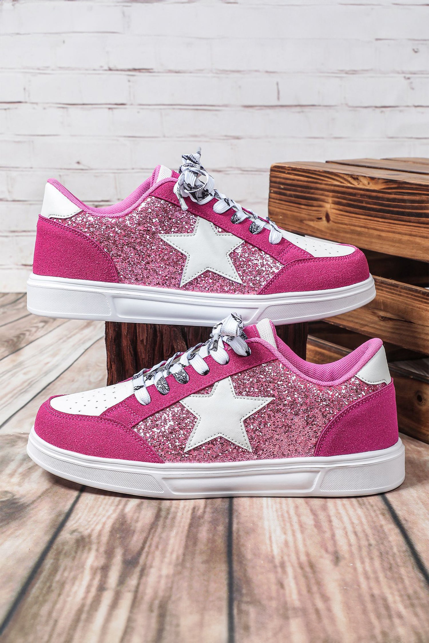 Rose Red Stylish Color Block Glitter Star Patchwork Lace-up Flat Shoes