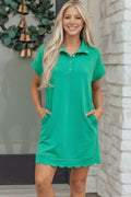 Sea Green Solid Color Snap Button Polo Collar Short Sleeve Scallop Hem Mini Dress