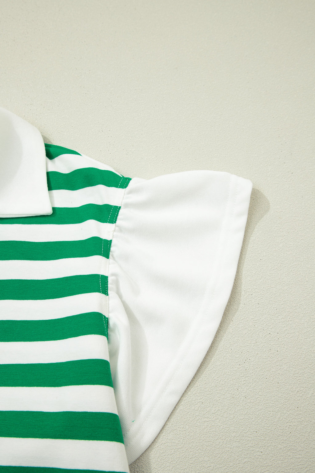 Green Stripe Plus Size Collar V Neck Ruffle Short Sleeve Blouse