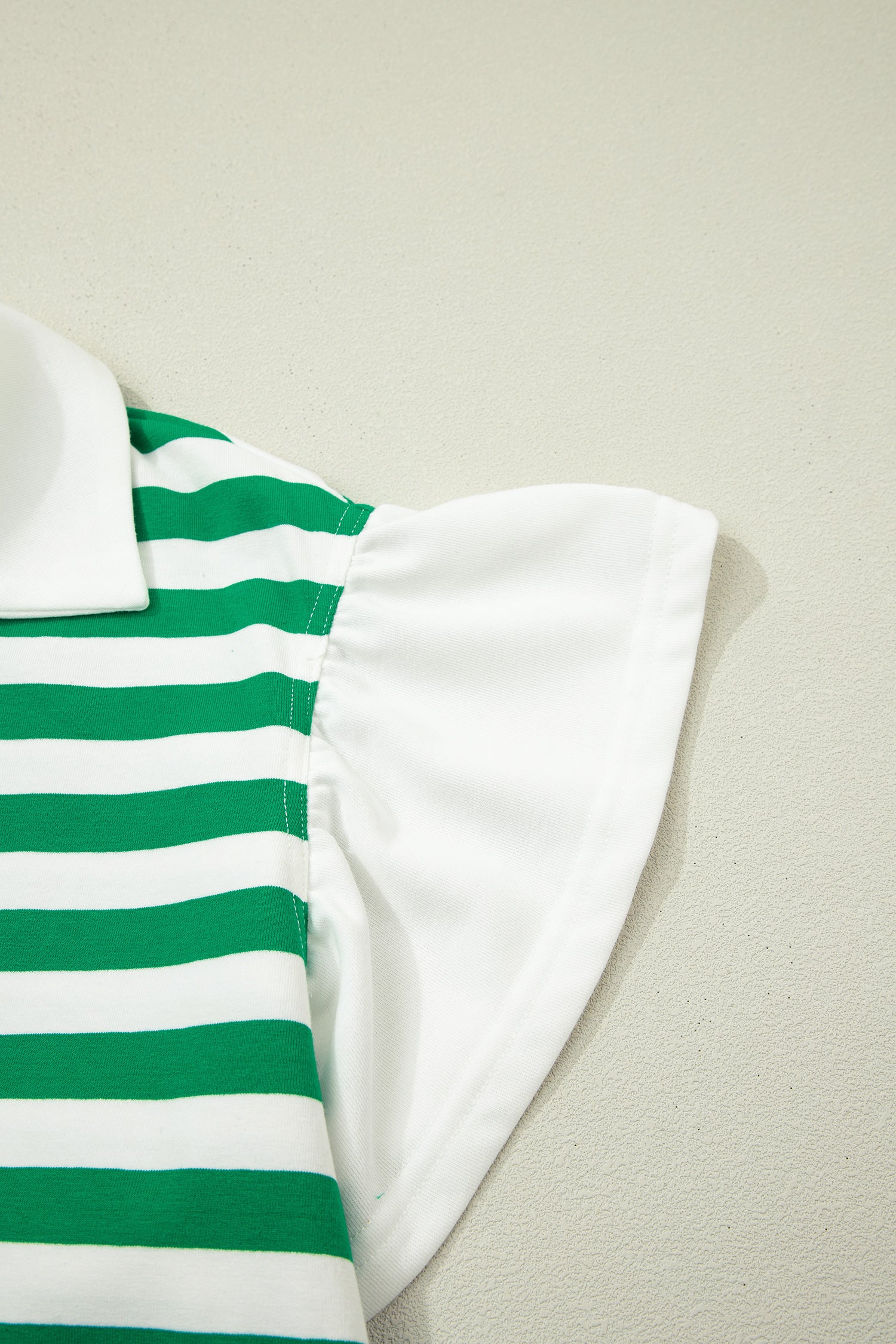 Green Stripe Plus Size Collar V Neck Ruffle Short Sleeve Blouse